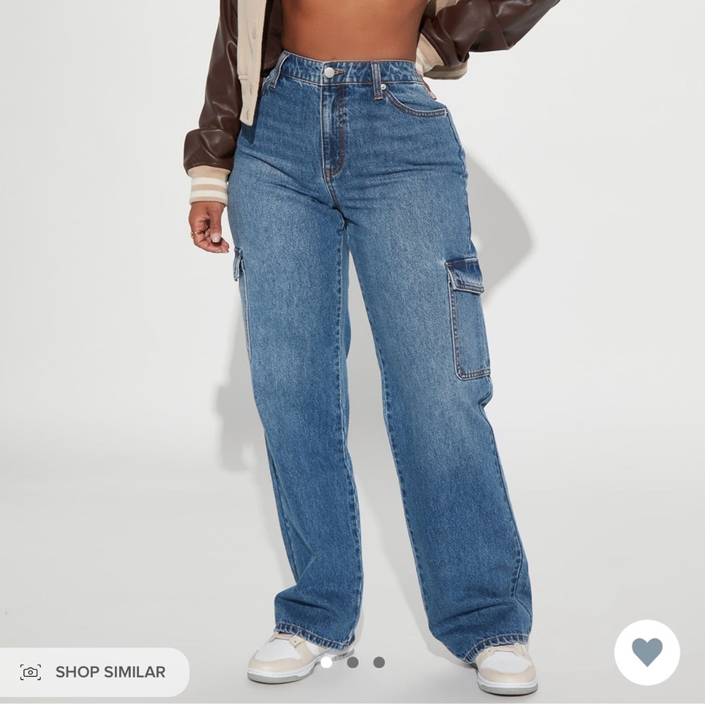 medium wash cargo jeans.